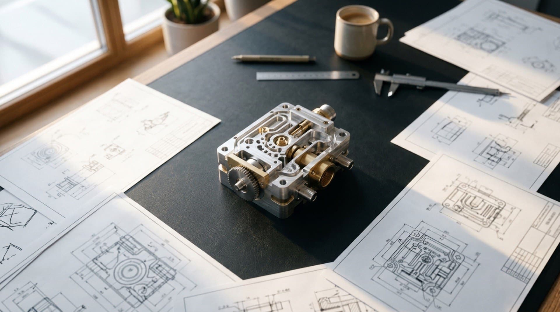 Engineering drawings and CAD blueprints spread across a desk with a machined prototype assembly at the center