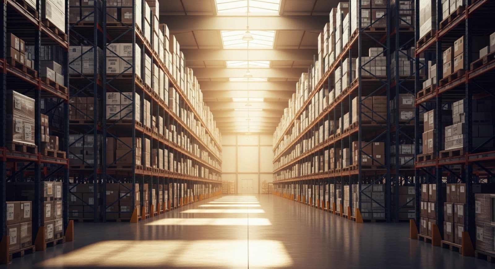 Warehouse aisle with pallet racking stocked with neatly arranged labeled inventory boxes
