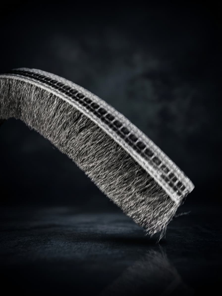 Dense polypropylene fur strip brush weatherstrip with woven backing on dark background