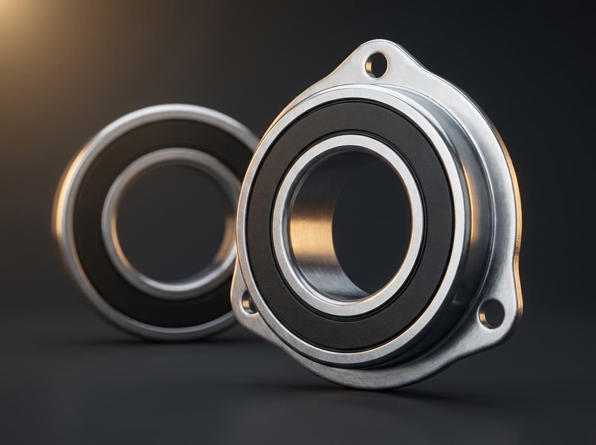Pair of 1-inch ID radial flange bearings — chrome-steel sealed bearings with stamped retaining flanges showing the three mounting holes