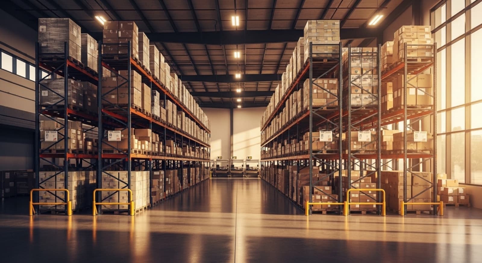 Wide architectural view of a clean centralized distribution warehouse hub with multiple aisles of organized inventory under warm directional light
